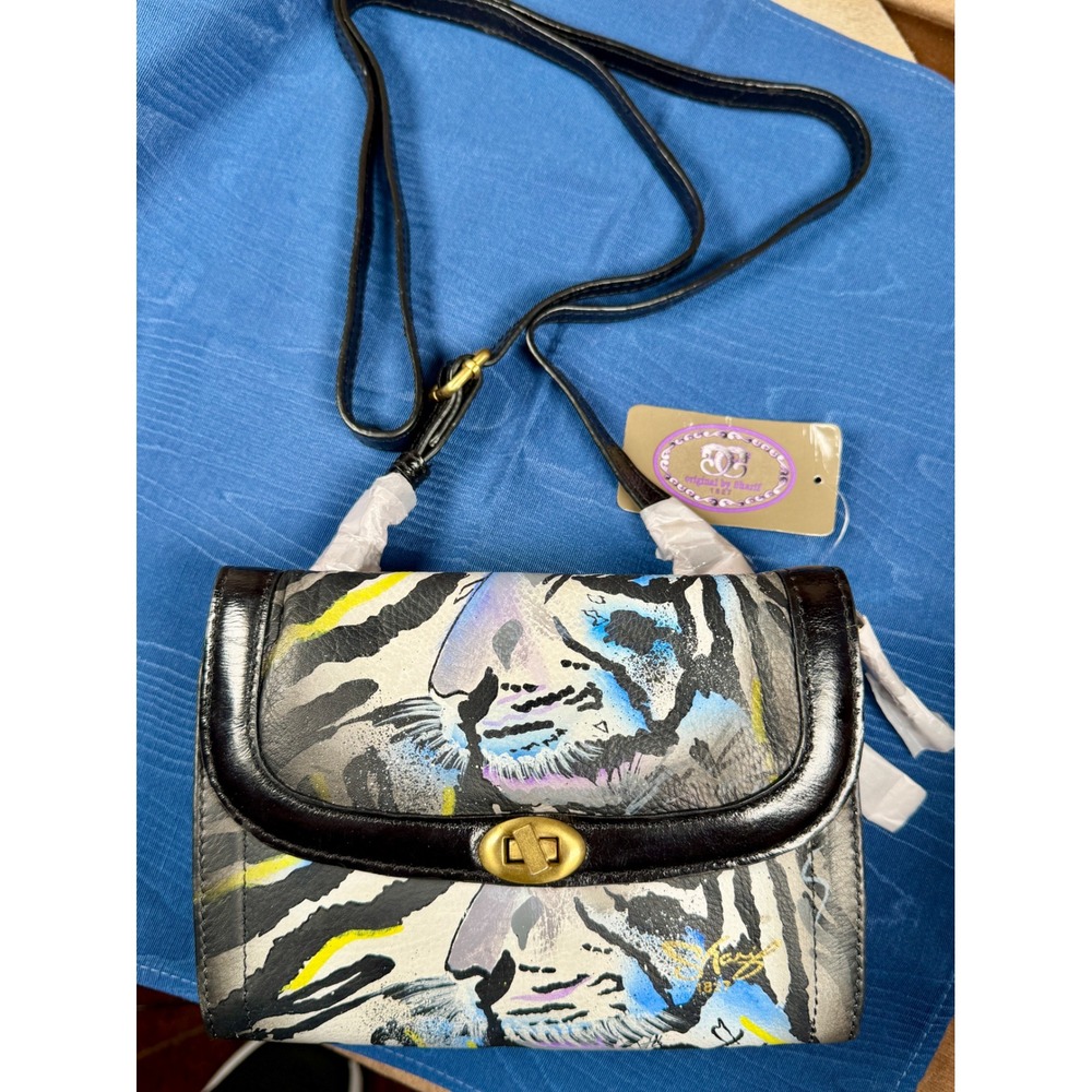Sharif 1827 Hand Painted Tiger Zebra Leather Crossbody Bag Gold Interior NWT